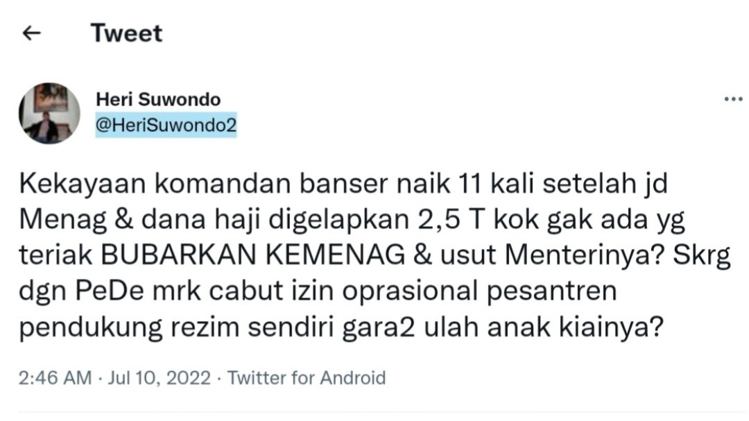 Pegiat Media Sosial Heri Suwondo Memfitnah Kemenag, Lalu Cuitannya Dihapus